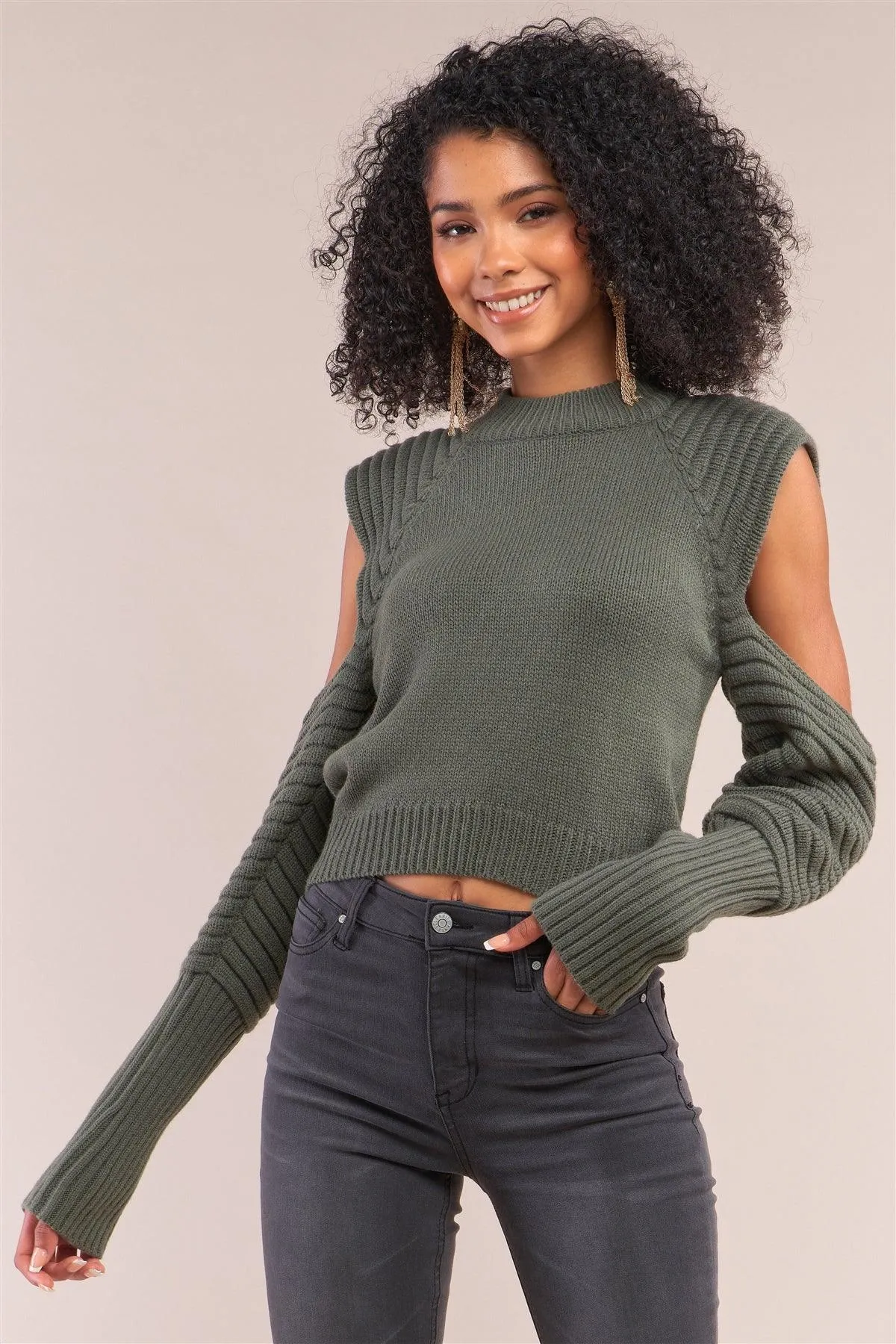 Olive Knit Ribbed Neck Long Pleated Sleeve Cut-Out Detail Cropped Sweater /4-2