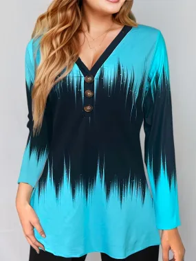 Ombre Stripe Print Plus Size Long Sleeve V Neck Tshirt