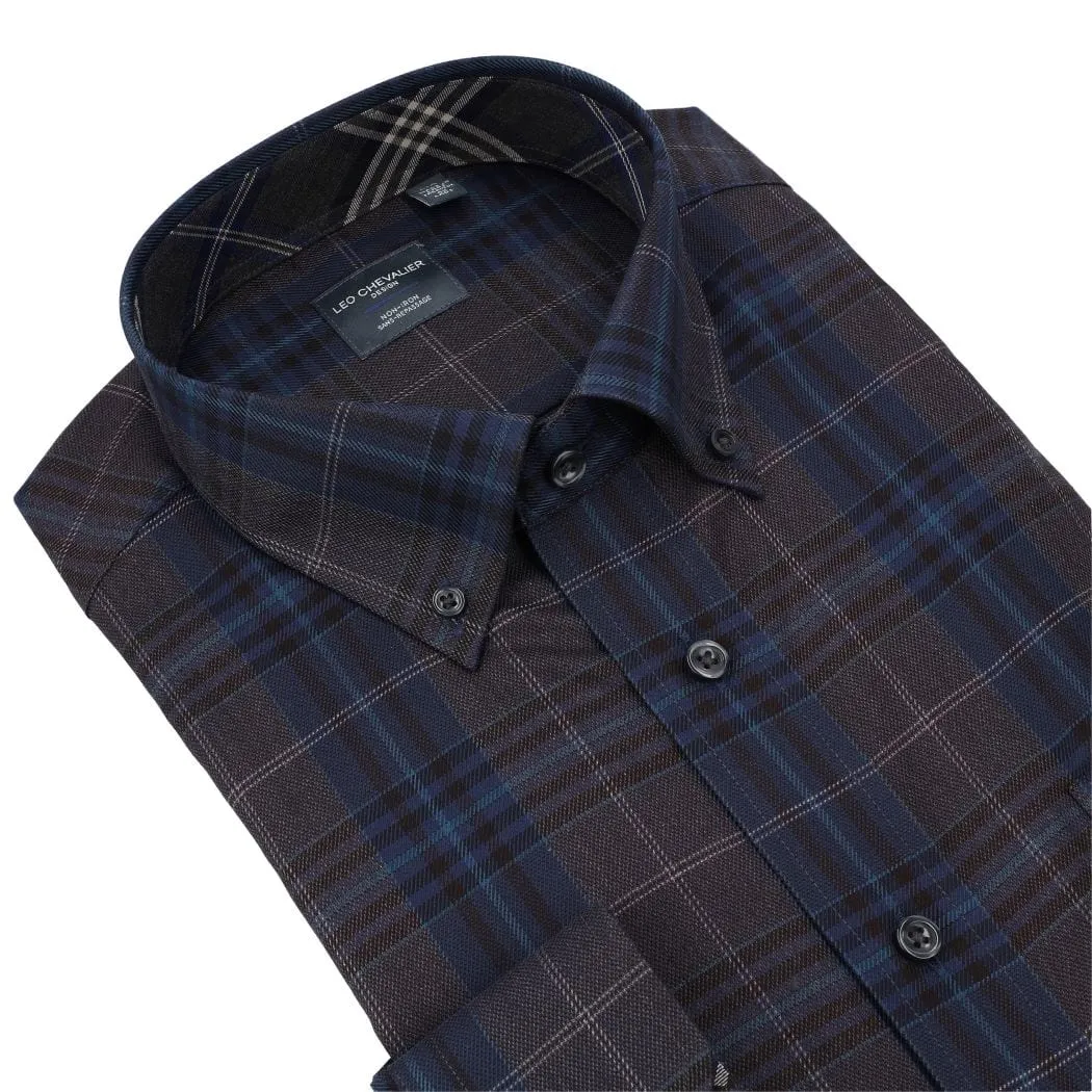 Regular Fit Grey & Blue Check Long Sleeve Button Down Shirt