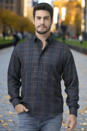 Regular Fit Grey & Blue Check Long Sleeve Button Down Shirt