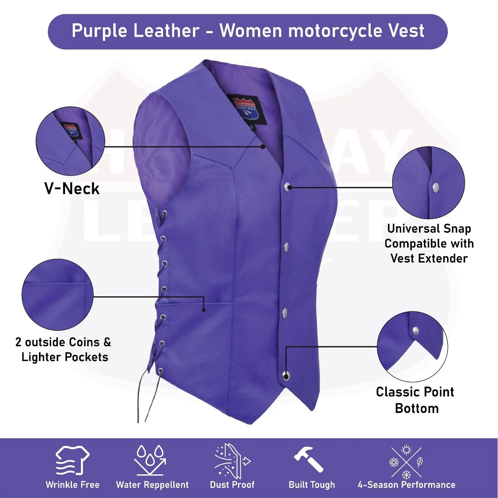 Royal Purple lace up side Leather Vest for Motorcycle clubs