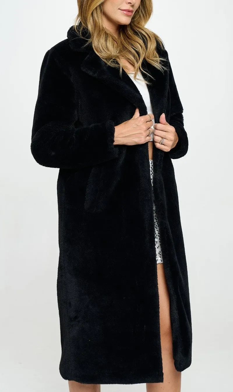 Sharon Faux Fur Long Trench Coat- Black