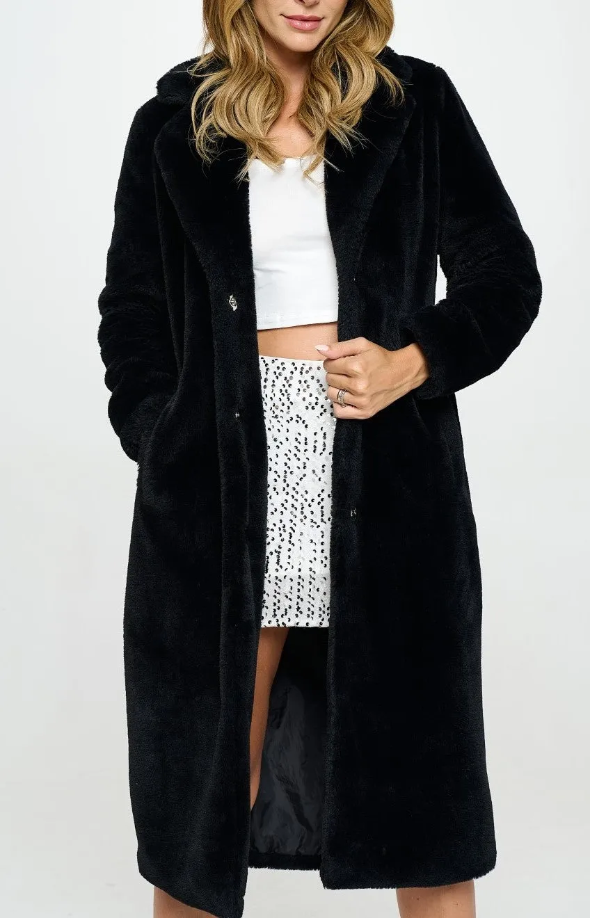 Sharon Faux Fur Long Trench Coat- Black