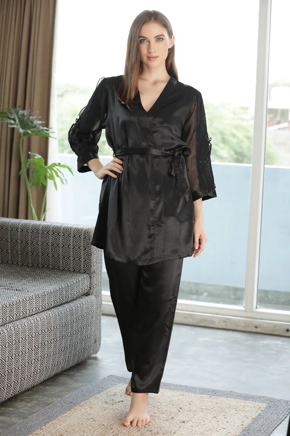 Sleek satin wrap & cami night suit with feminine flounce chiffon