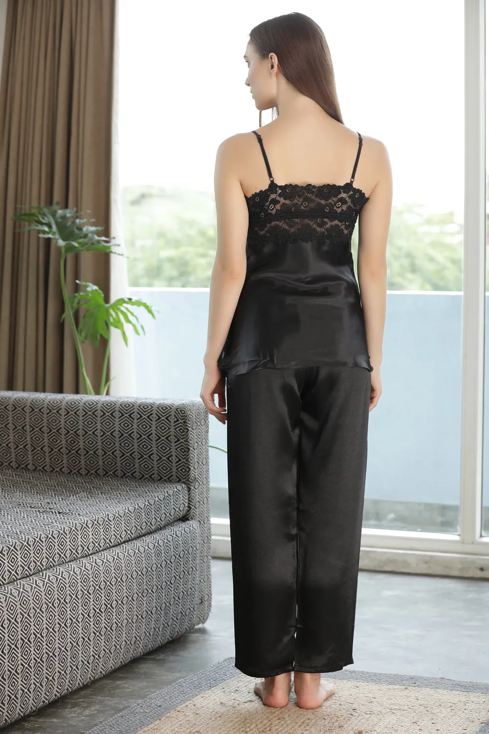 Sleek satin wrap & cami night suit with feminine flounce chiffon