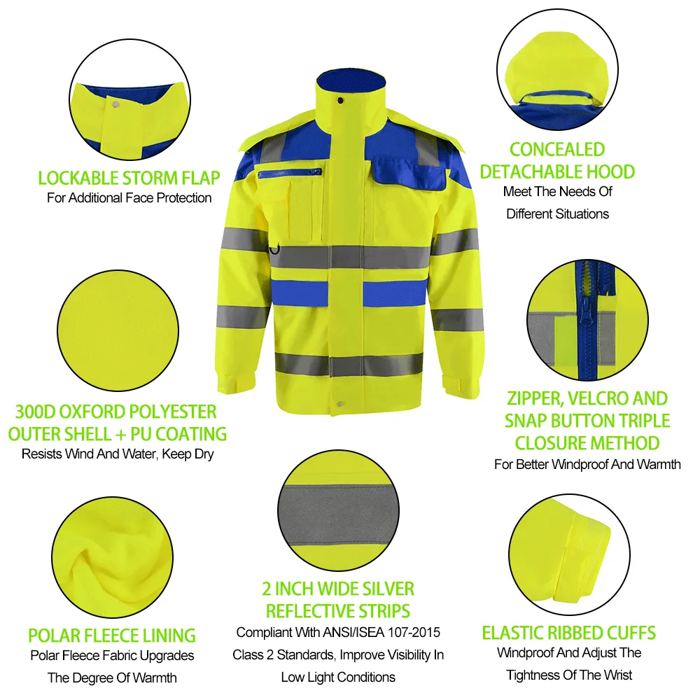 SMASYS 4-in-1 Safety Jackets for Men Fleece Lining Windbreaker High Vis Winter Coat