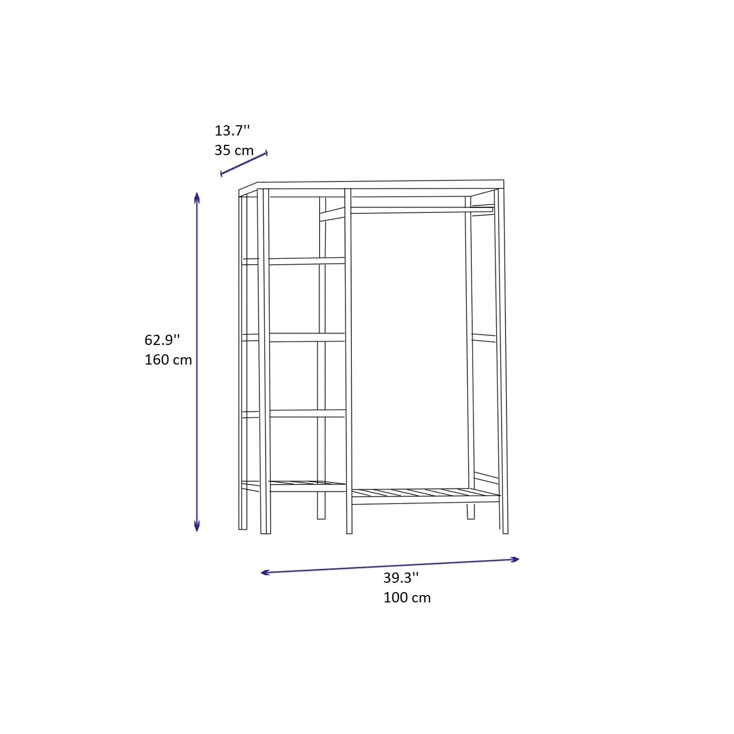 Solid Pine Wood Handmade Open Wardrobe with Shelves and A Hanger Randa 35