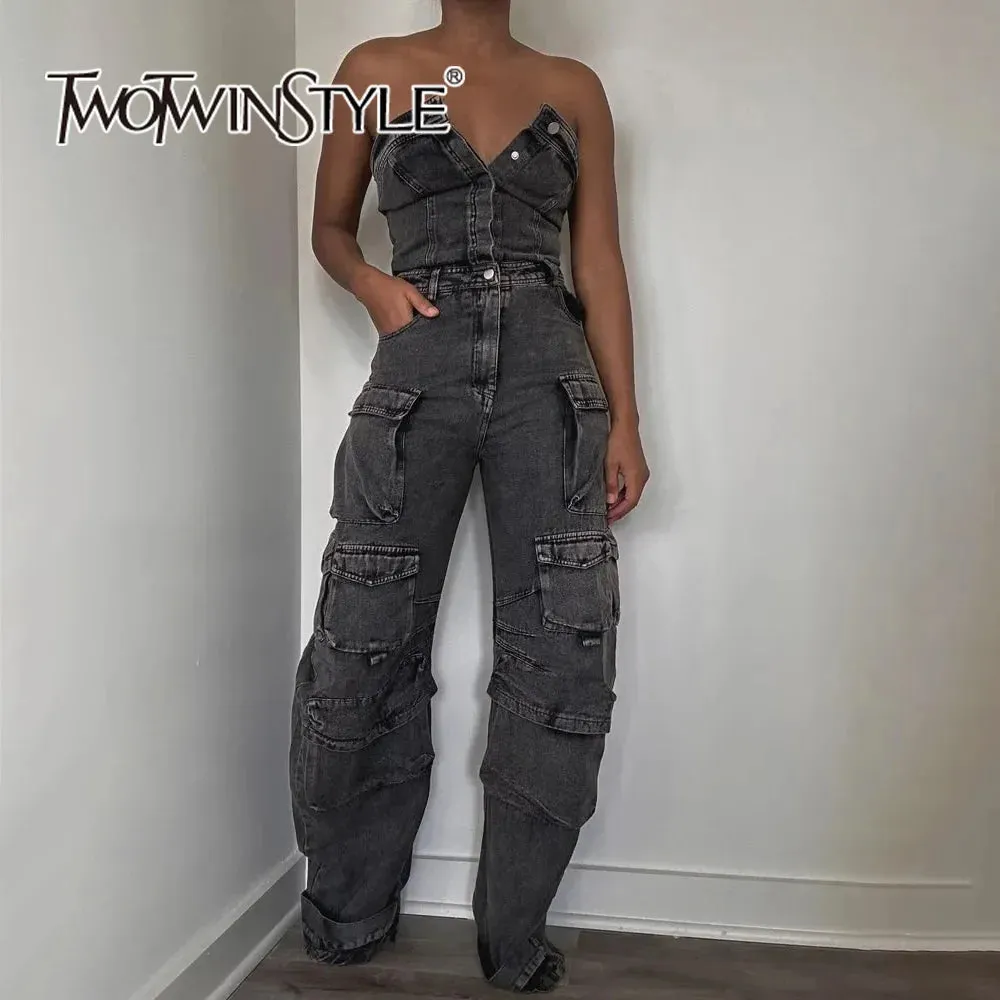 Strapless Slimming Denim Jumpsuits High Waist & Patchwork with Pockets