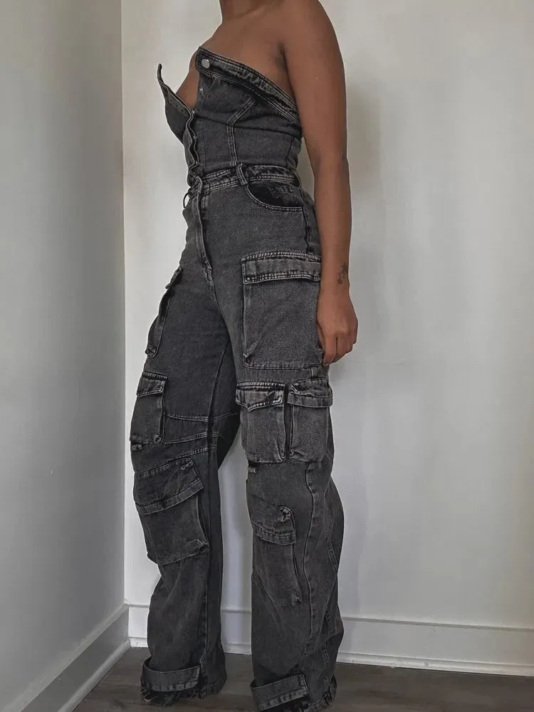 Strapless Slimming Denim Jumpsuits High Waist & Patchwork with Pockets