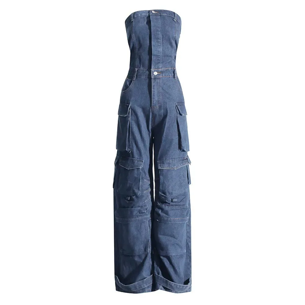 Strapless Slimming Denim Jumpsuits High Waist & Patchwork with Pockets