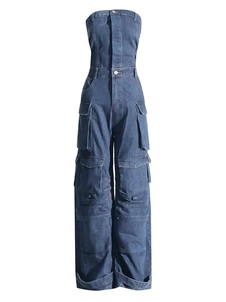 Strapless Slimming Denim Jumpsuits High Waist & Patchwork with Pockets