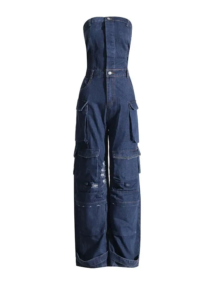 Strapless Slimming Denim Jumpsuits High Waist & Patchwork with Pockets