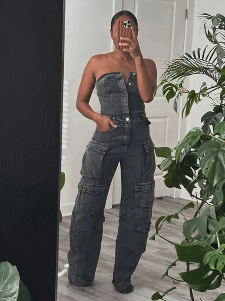 Strapless Slimming Denim Jumpsuits High Waist & Patchwork with Pockets