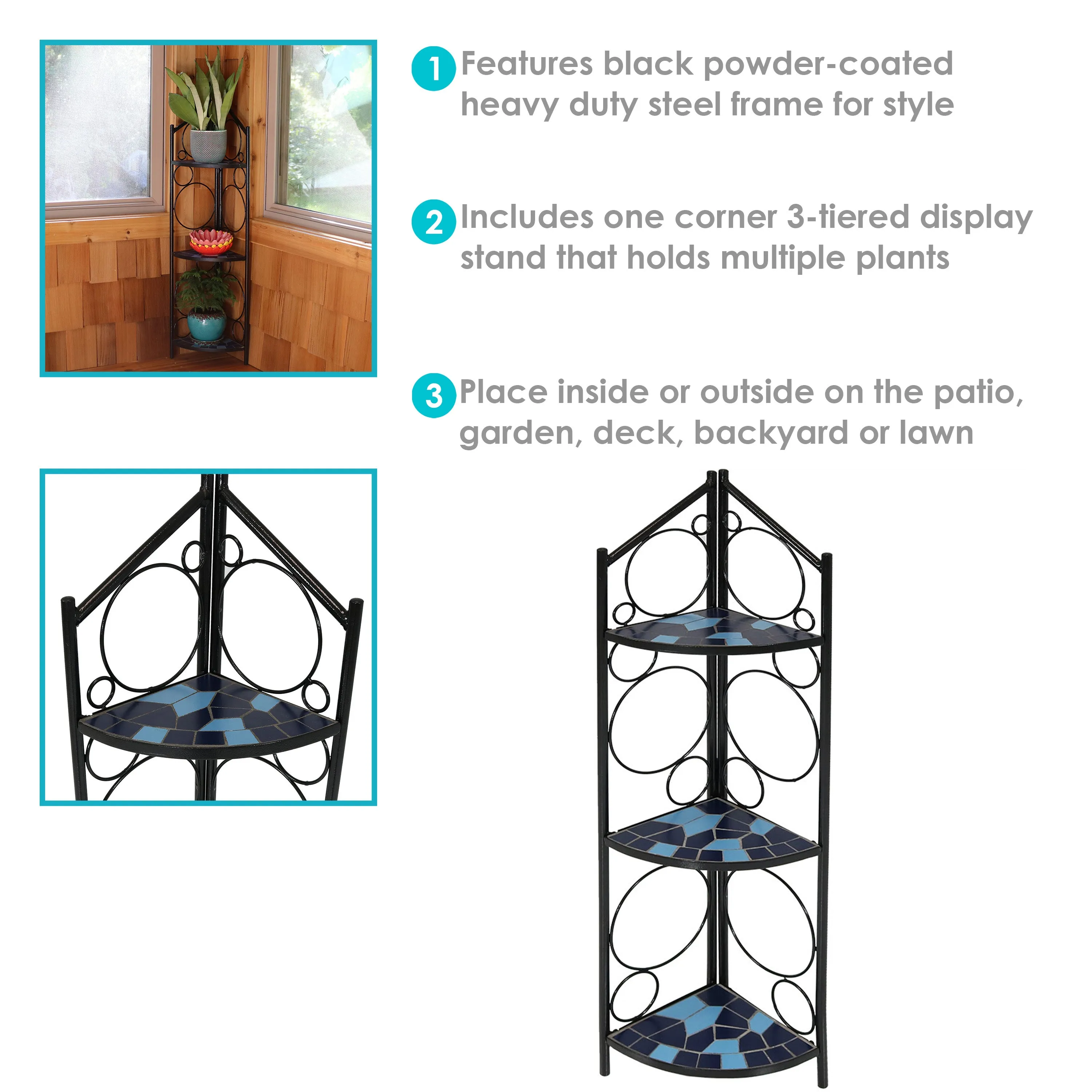 Sunnydaze 3-Tier Blue Mosaic Tiled Corner Display Shelf for Plants - 44"