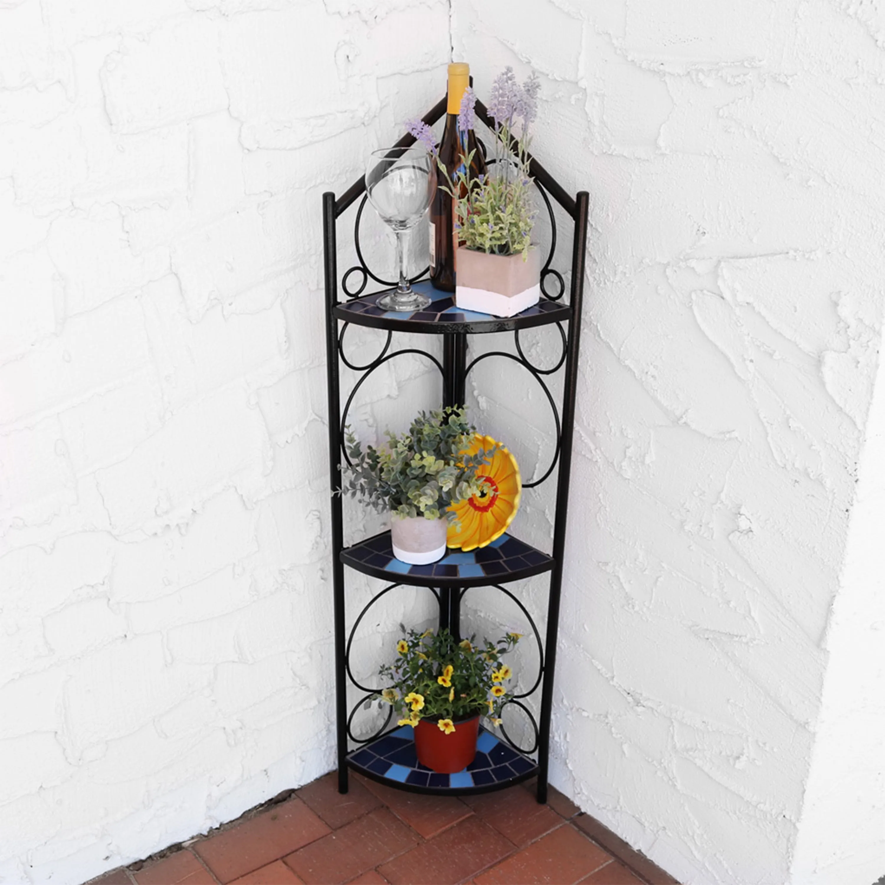 Sunnydaze 3-Tier Blue Mosaic Tiled Corner Display Shelf for Plants - 44"