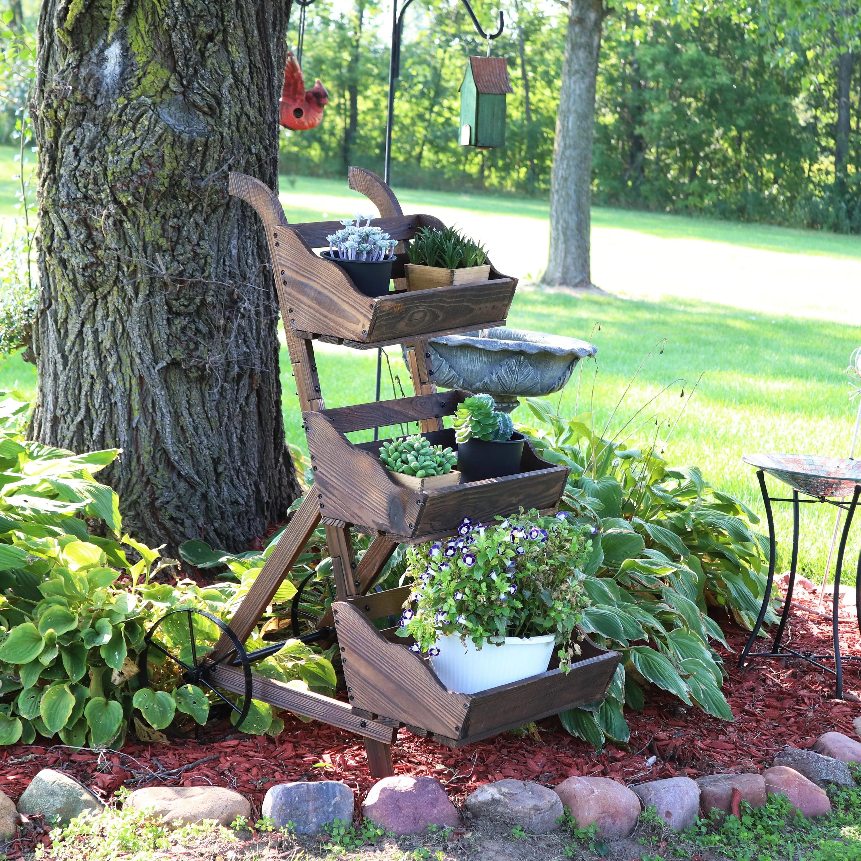 Sunnydaze 3-Tier Fir Wooden Plant Stand with Wheels - Brown - 39.25" H