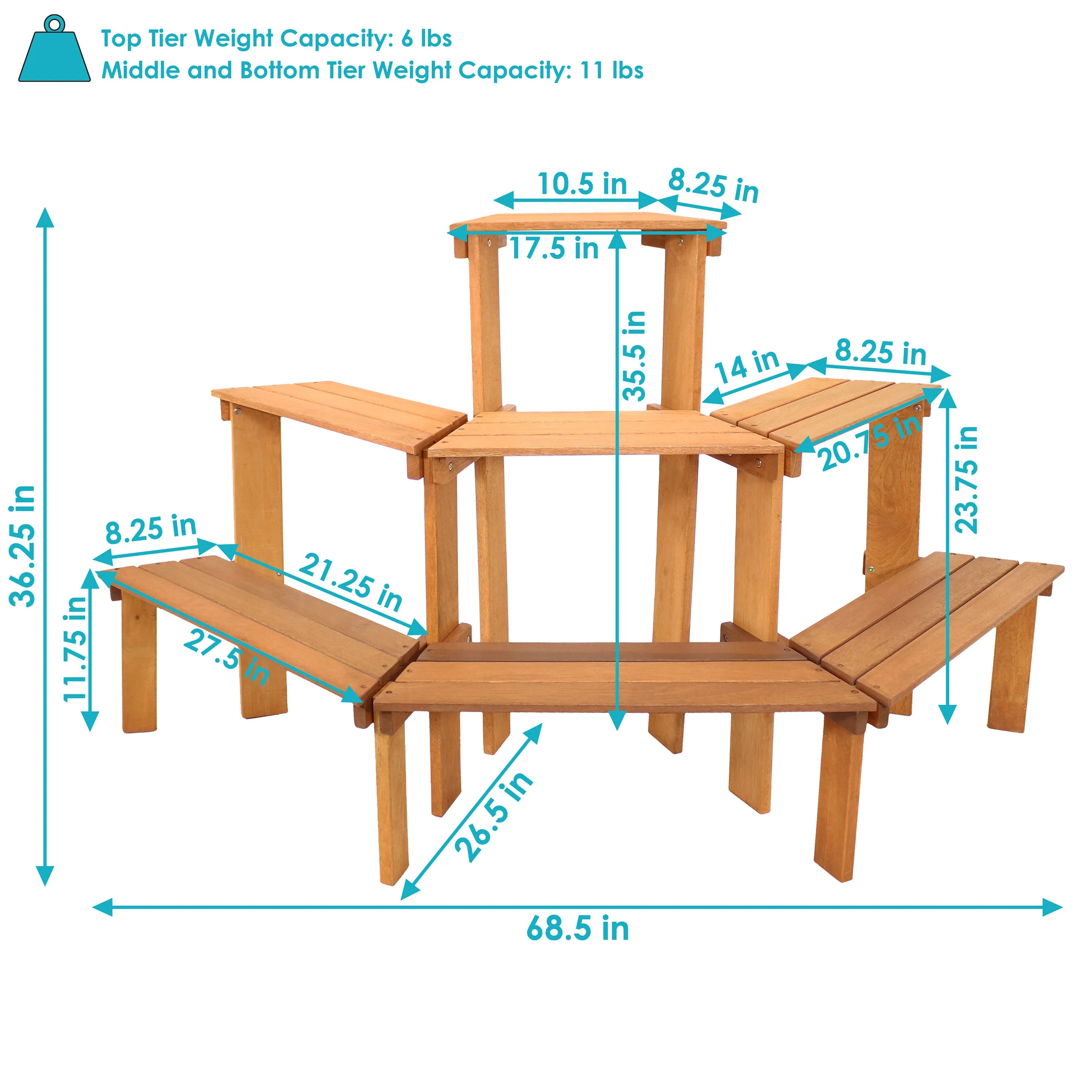 Sunnydaze 3-Tier Meranti Wood Plant Stand with Teak Oil Finish