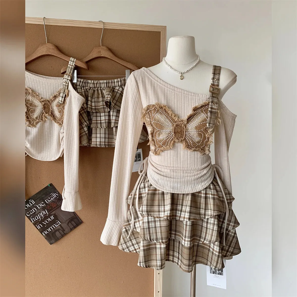 TAVIMART  -  Autumn Winter Japanese Gyaru Cute Goblin Core Y2k JK Preppy Korean Women Outfits 2 Piece Set Long Sleeve Top   Mini Plaid Skirt