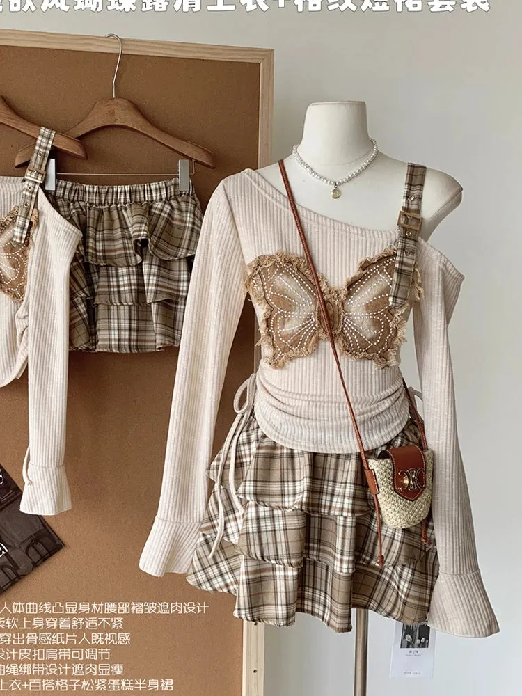 TAVIMART  -  Autumn Winter Japanese Gyaru Cute Goblin Core Y2k JK Preppy Korean Women Outfits 2 Piece Set Long Sleeve Top   Mini Plaid Skirt