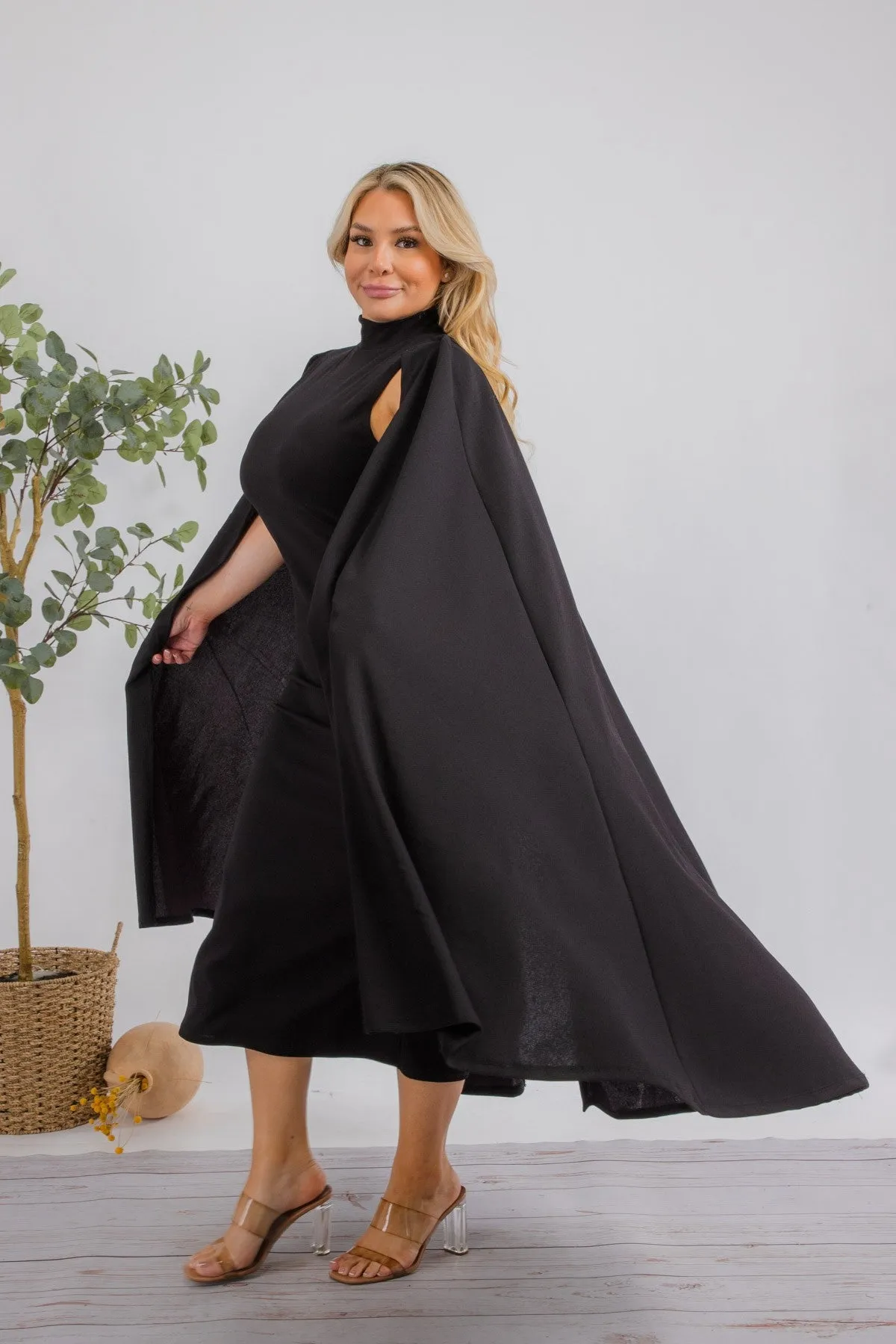 The Stella Cape Plus Size Midi Dress - Black