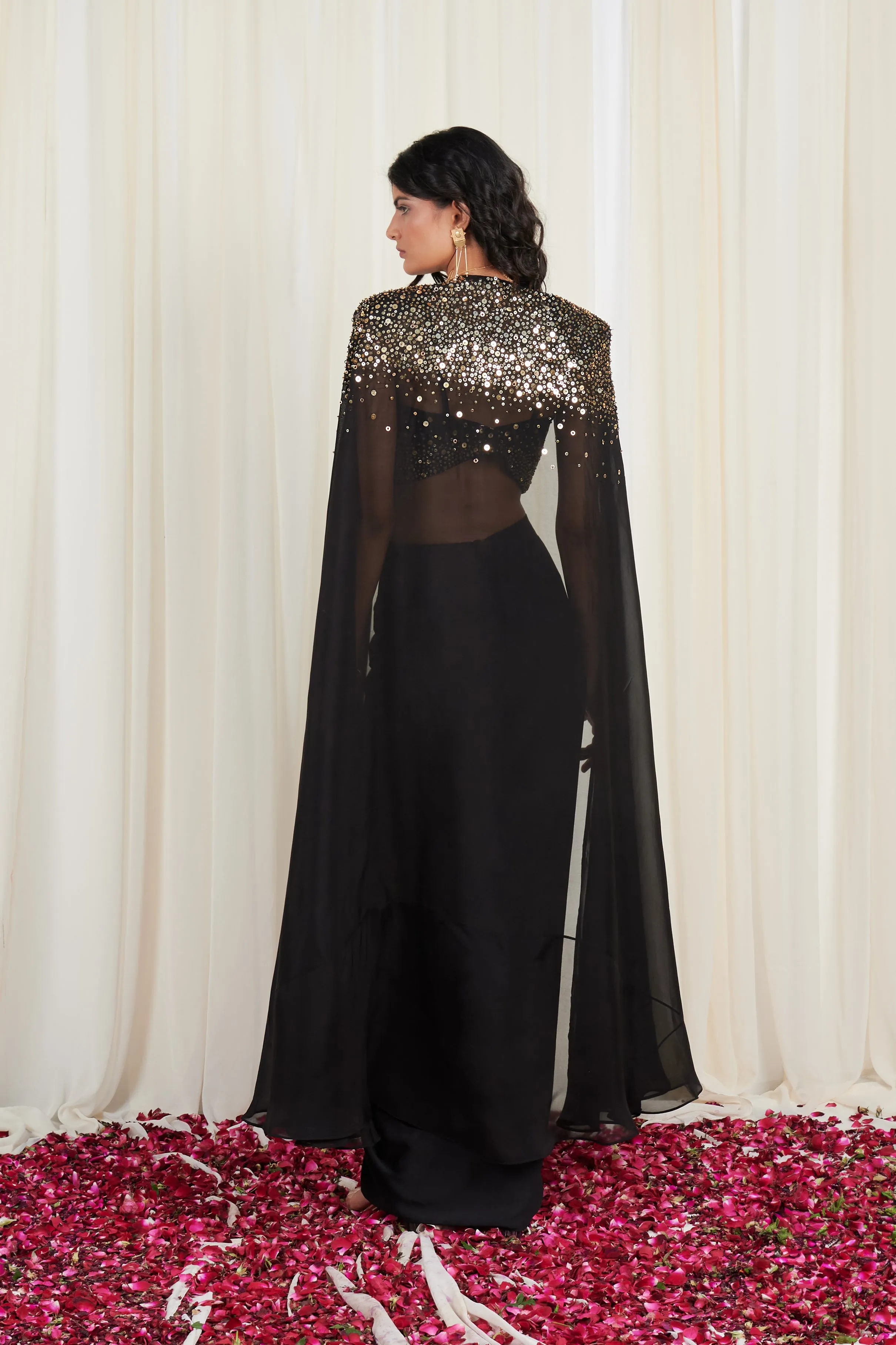 Utsang Black Embroidered Sequin Blouse with Cape and Skirt