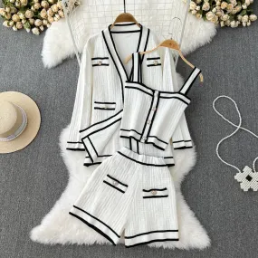 V-neck Cardigan&Vest&Shorts Knitted 3Pcs