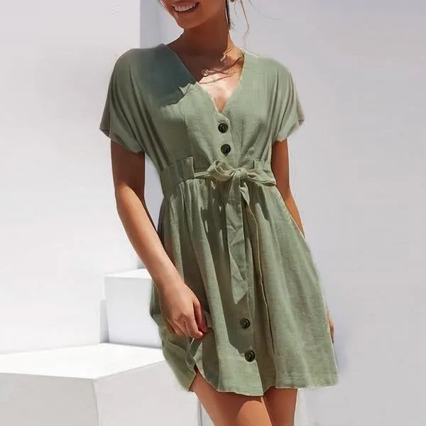 Vintage V Neck Button Cotton Dress