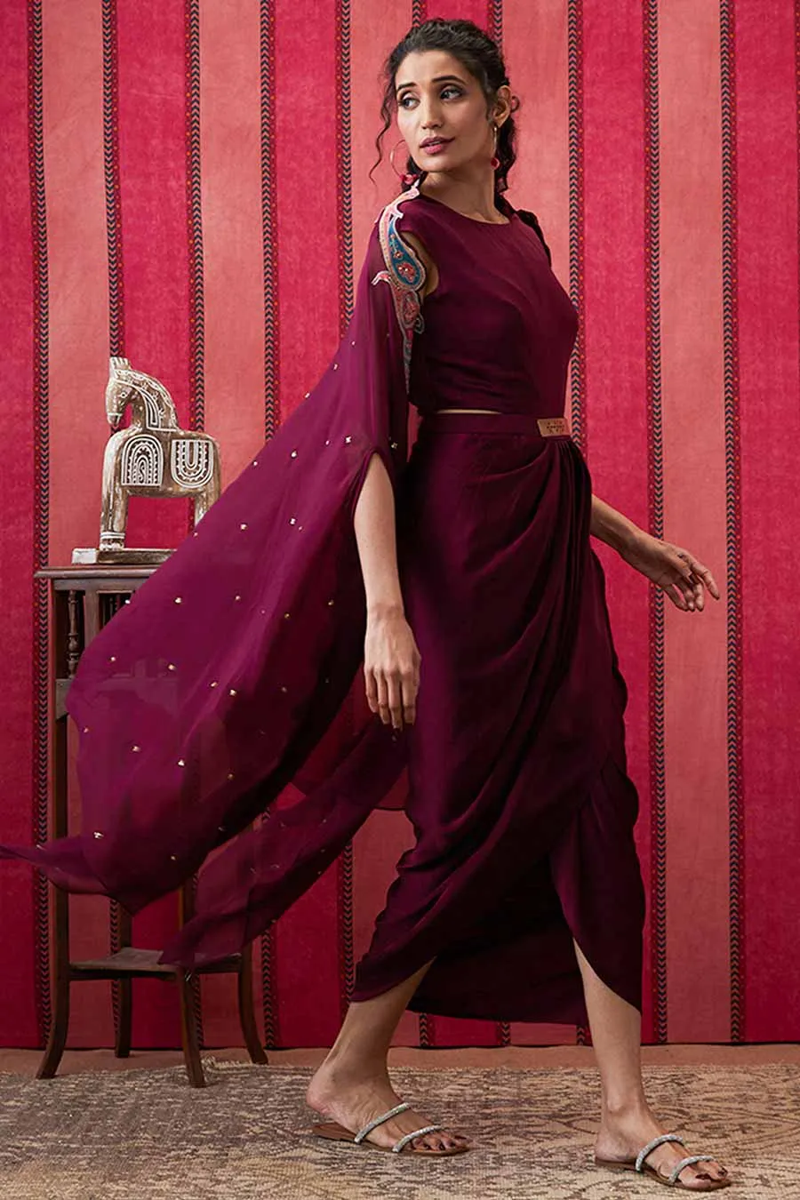 Wine Qala Drape Dress with Printed Applique Cape Set