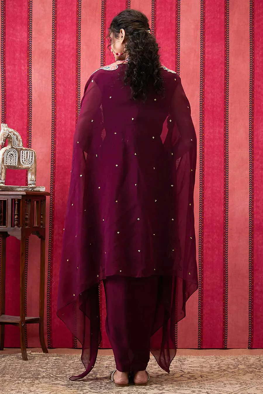 Wine Qala Drape Dress with Printed Applique Cape Set