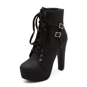 Winter Ankle Boots Buckle Lace Up with Thick High Heels