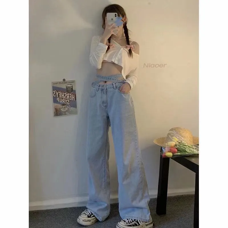 Wjczt Korean version of the retro small waist light blue jeans women&#39;s tie high waist loose casual BF wide-leg denim trousers women