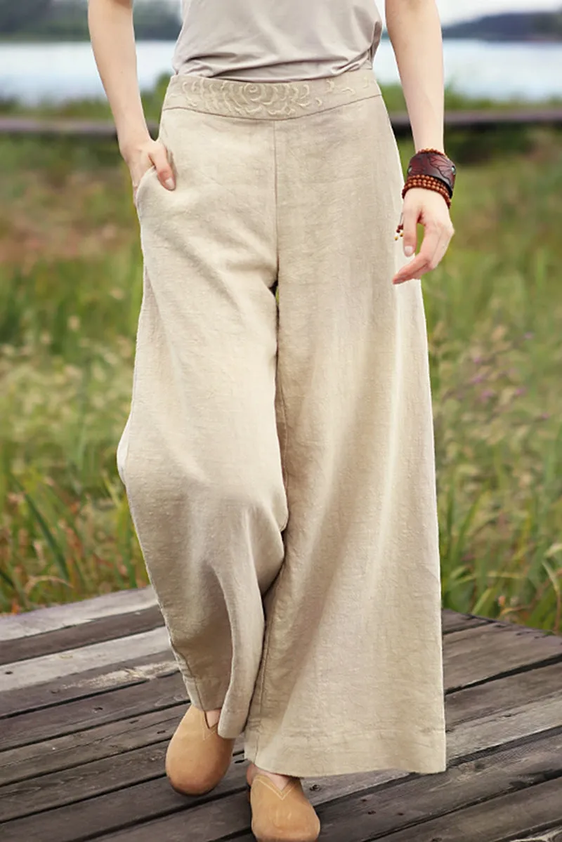 Women Loose Wide Leg Linen Long Pants K7051