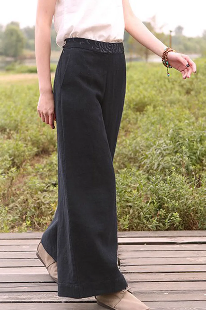 Women Loose Wide Leg Linen Long Pants K7051