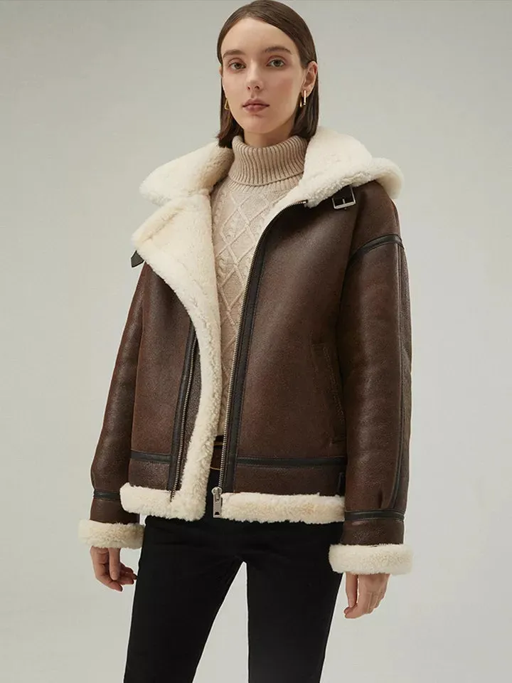 Women’s Chocolate Brown Leather Shearling Removable Hood Coat