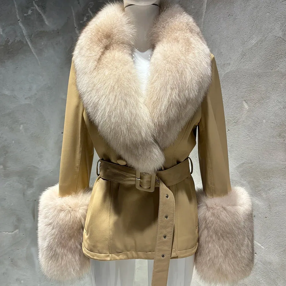 Women's Premium Fox Fur Collar Leather Winter Jacket Coat