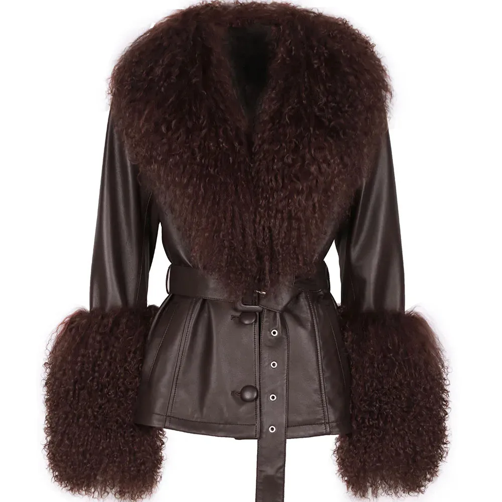 Women's Premium Fox Fur Collar Leather Winter Jacket Coat