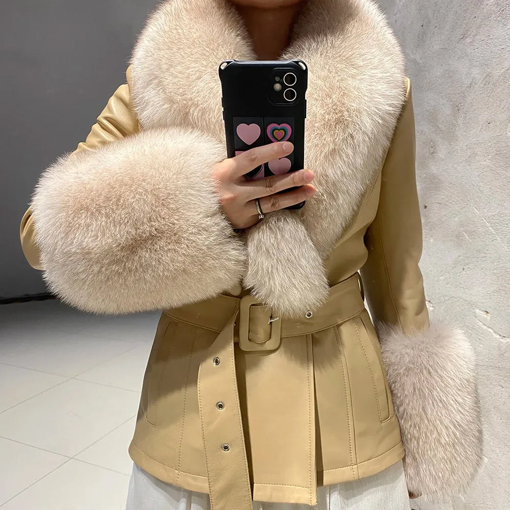 Women's Premium Fox Fur Collar Leather Winter Jacket Coat