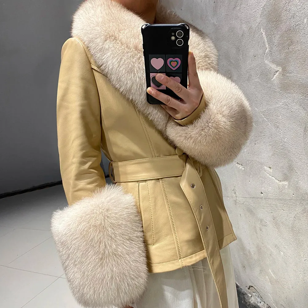 Women's Premium Fox Fur Collar Leather Winter Jacket Coat