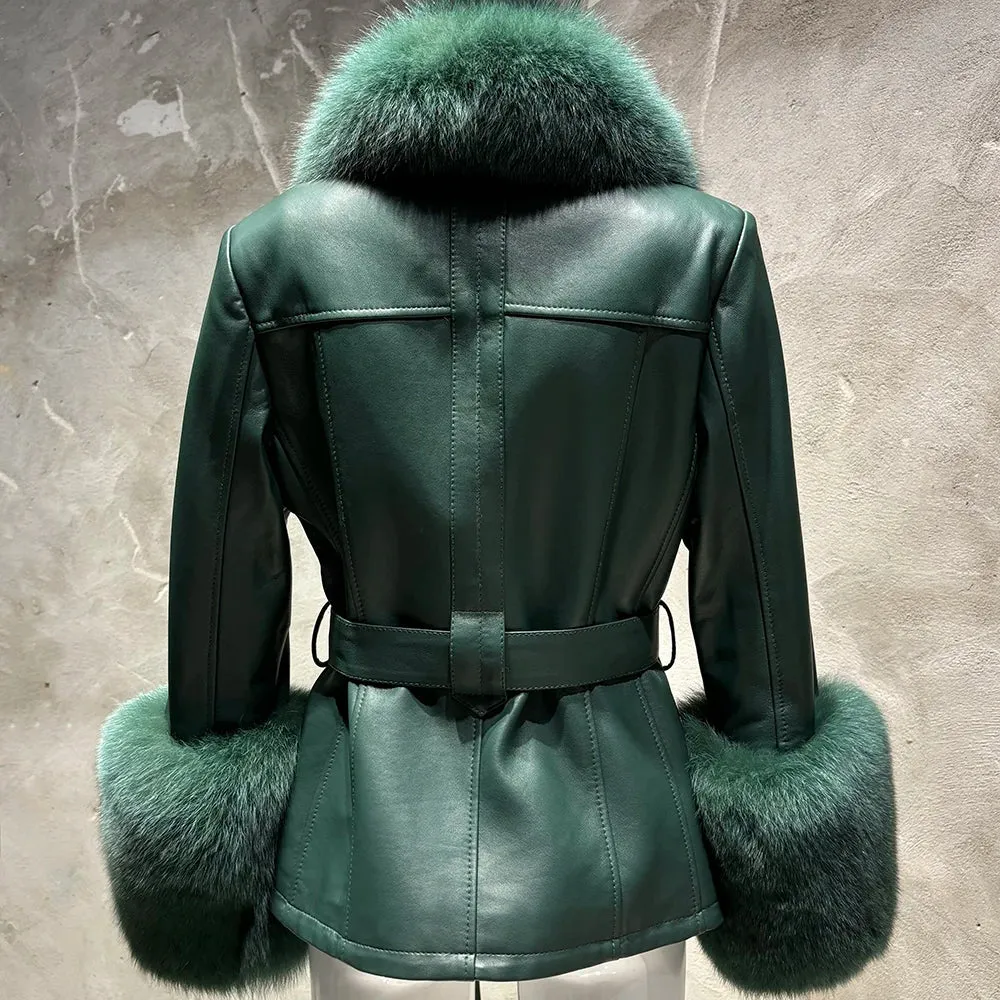 Women's Premium Fox Fur Collar Leather Winter Jacket Coat