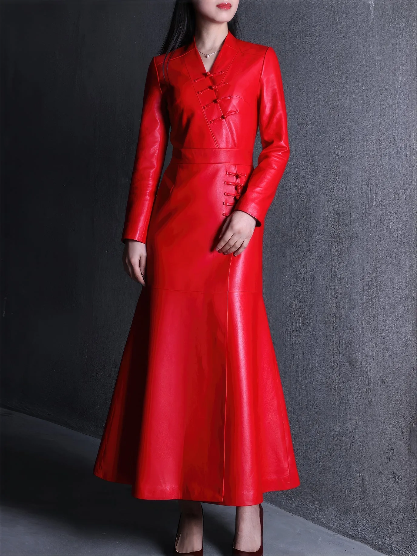 Women’s Red Genuine Sheepskin V Neck Smooth Casual Classic Fashionable Designer Chinese Knits Elegant Leather Long Coat