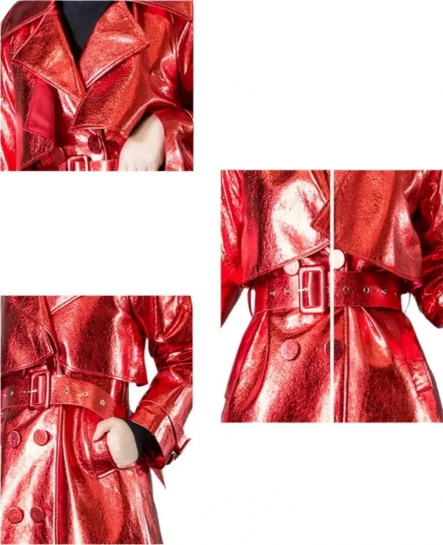 Women's Red Metallic Faux Leather Maxi Coat