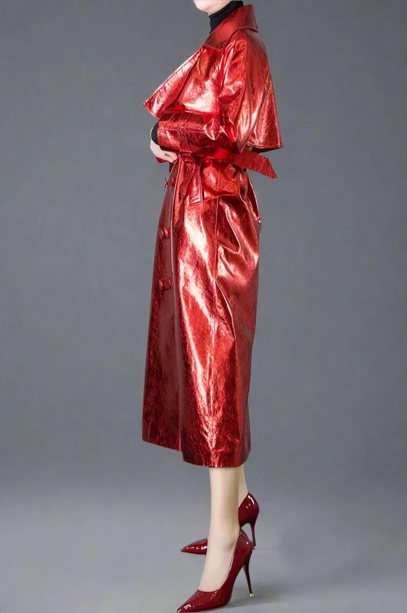 Women's Red Metallic Faux Leather Maxi Coat