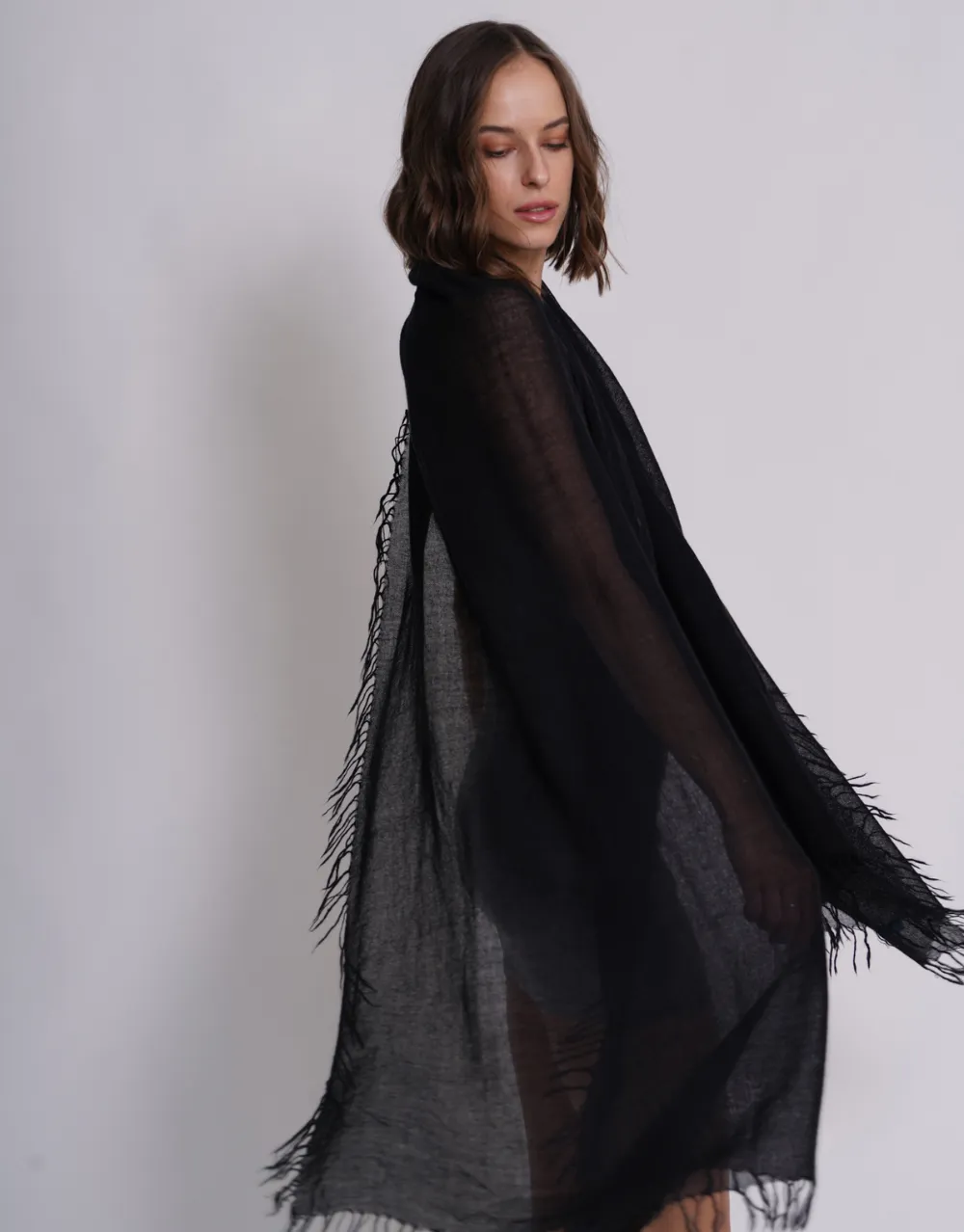 Woven Fringed Scarf in Black