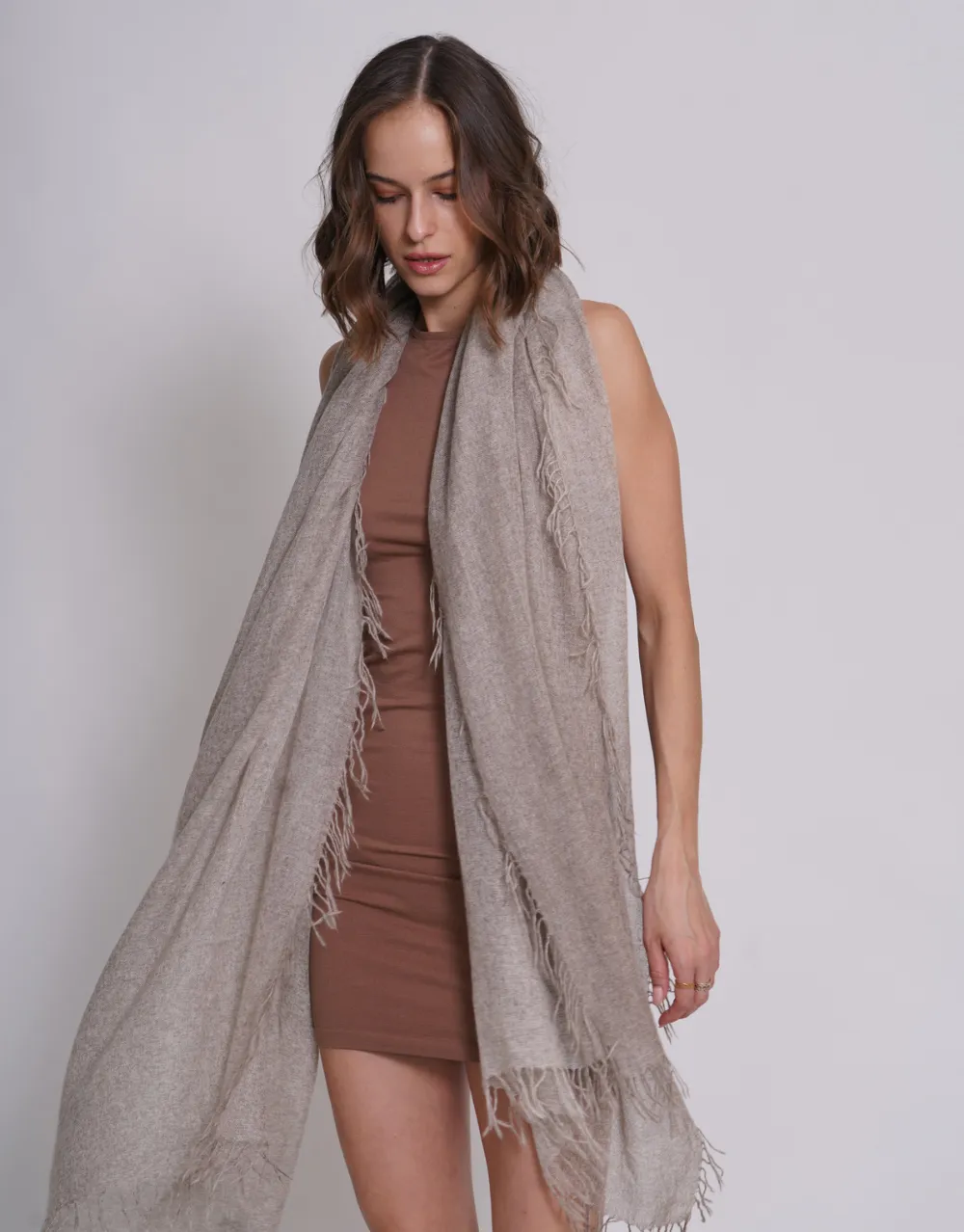 Woven Fringed Scarf in Brushed Brown